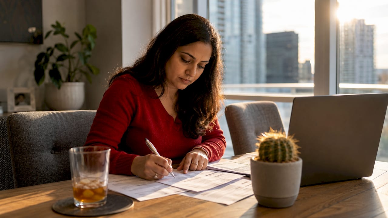 Woman reviewing mortgage tax documents at desk